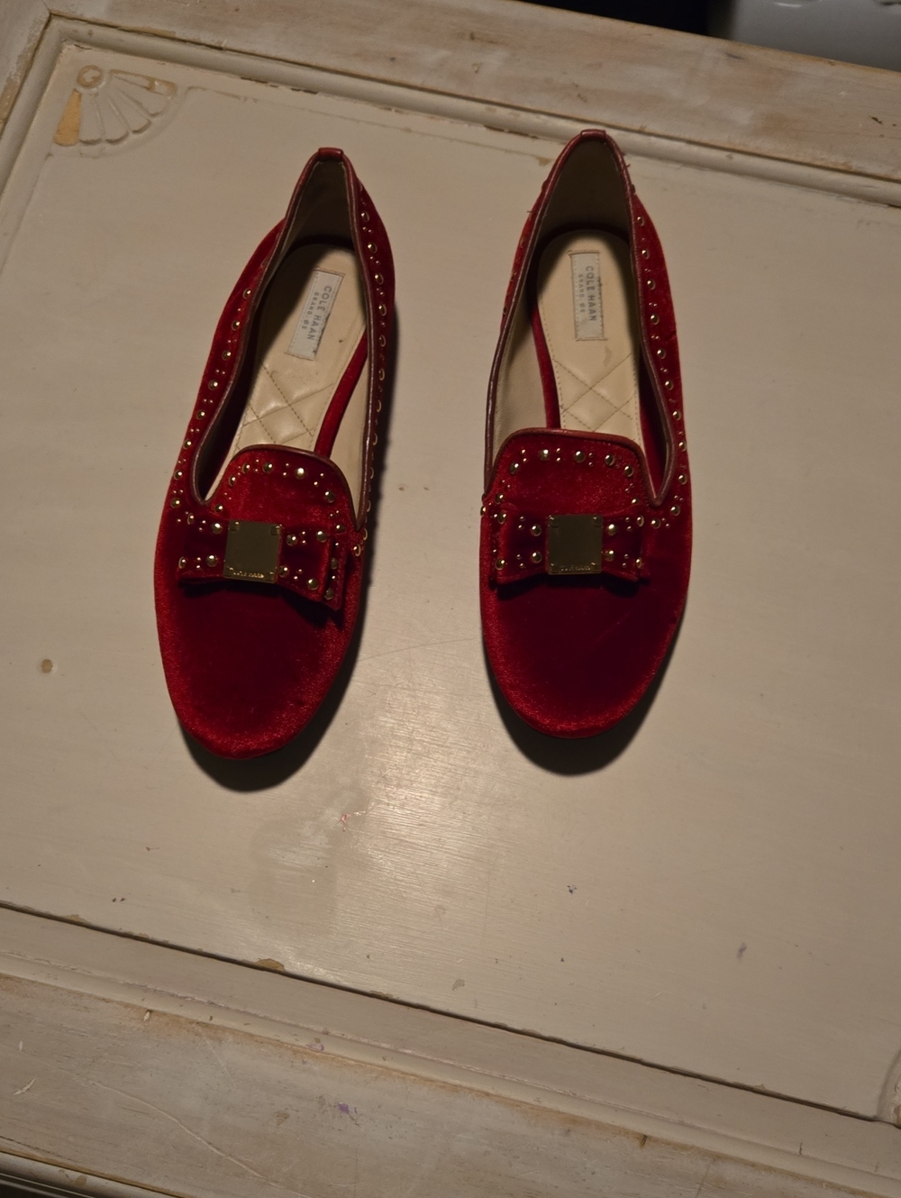 Cole Haan Red Velvet Studded Bow Loafers